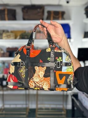 Salvatore Ferragamo Multicolor Leopard Print Satchel with Black Leather Trim